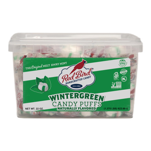 Red Bird Soft Wintergreen Candy Mint Puffs, Individually Wrapped, 22 oz tub