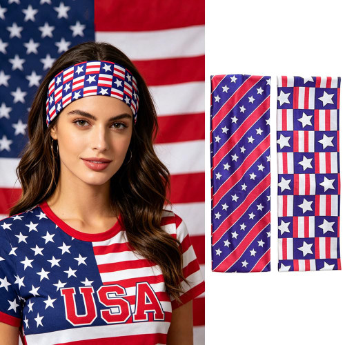 4th of July Headbands for Women, 2 Pack Patriotic Elastic Wide Headbands, Red White Blue American Flag Star Stripe Non-slip Sweat Hairbands for Independence Day, Fourth of July, Memorial Day, Sports