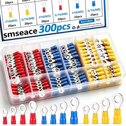 smseace 300pcs 12-Sizes(M4/M5/M6/M8) Insulated Ring Terminals 22-16/16-14/12-10AWG Electrical Crimp Terminal Connector Assortment Kit