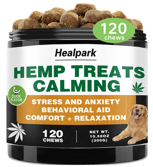 Hemp Calming Chews for Dogs with Anxiety and Stress - 120 Soft Dog Calming Treats - Storms, Barking, Separation - Valerian Root - L-Tryptophan - Chamomile - Hemp Oil (Duck)