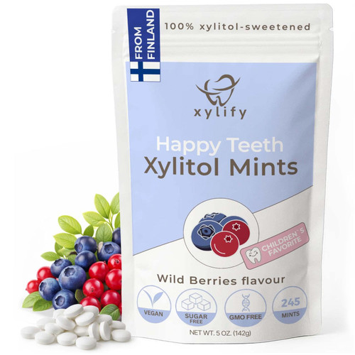 Xylitol Mints for Oral Care - Wild Berries flavor, 100% Xylitol sweetened, Sugar Free Mints, Happy Teeth dental mints from Finland. 5oz - 245 mints