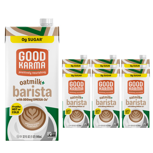 Good Karma Unsweetened Oatmilk + Barista Blend, 32 Ounce (Pack of 6), 800mg Omega -3s, Plant-Based Non-Dairy Milk Creamer Alternative with Oats, Flax and Peas, Lactose Free, Vegan, Shelf Stable Good Karma Unsweetened Oatmilk + Barista Blend, 32 Ounce (Pack of 6), 800mg Omega -3s, Plant-Based Non-Dairy Milk Creamer Alternative with Oats, Flax and Peas, Lactose Free, Vegan, Shelf Stable