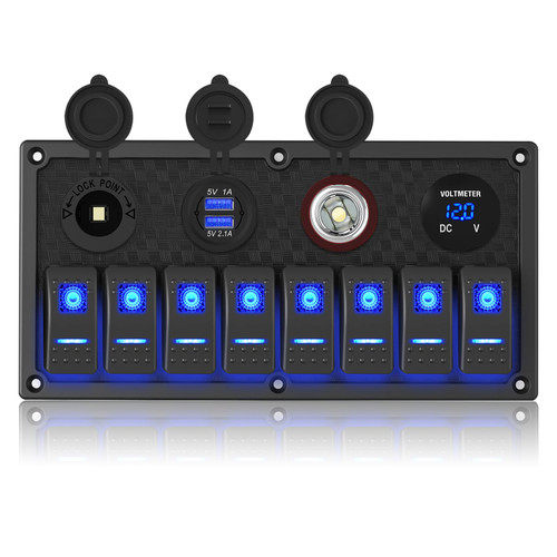 GGTA 8 Gang Marine Boat Switch Panel Waterproof,12V-24volt On-Off Rocker Switch Panel with 3.1A Dual USB Charger, Blue LED Light,15A Fuse Panel for Boat,Also Suitable for Car RV UTV Truck