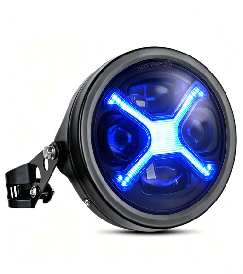 5-3/4 5.75" Motorcycle Headlight with Housing Bucket Smoke X-Style BLUE DRL