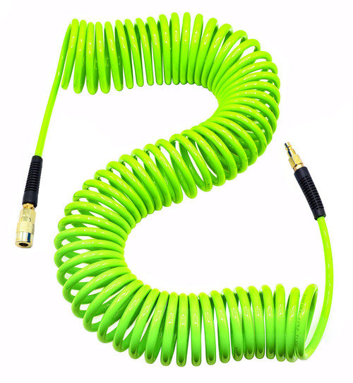 YOTOO Polyurethane Recoil Air Hose, Air Compressor Hose 1/4" Inner Diameter by 50' Long with Bend Restrictor, 1/4" Industrial Quick Coupler and Plug, Green
