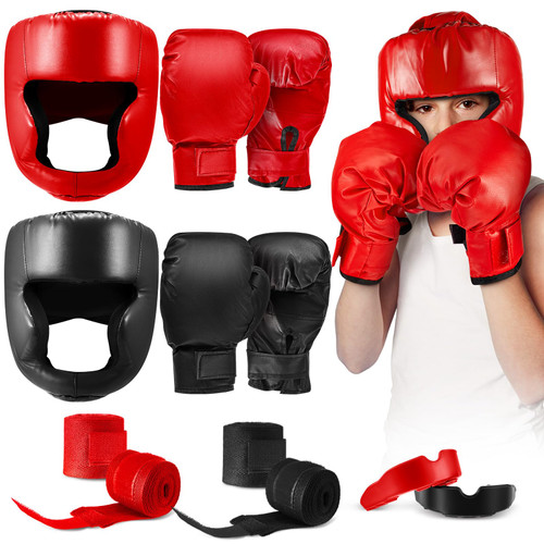 Kanayu 12 Pcs Kids Boxing Equipment Set for Beginners Ages 6-18 Years Including Boxing Helmet and Gloves Hand Wraps Sport Mouthguards Taekwondo Sparring Gear for Kids and Children(Black, Red)