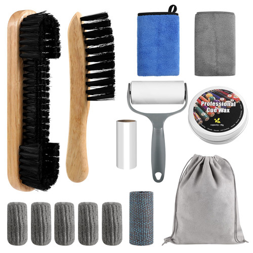 Winucue Pool Table Brush Set, 14pcs Billiard Table Felt and Cue Cleaning Accessories with 2 Wooden Brushes, Cue Cleaning Cloth, Ferrule Polish Cloth, Shaft Wax, Towel Burnisher and Sticky Lint Roller