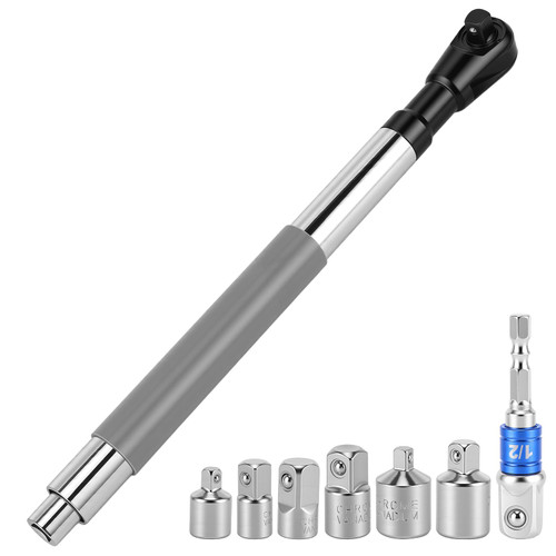 WODHMIEY 1/2 Inch Offset Extension Wrench Impact Strong Torsion Output Steel Wrench Extender with 6 Sockets & 1 Adapter Rod for Tight & Narrow Spaces (Gray1)