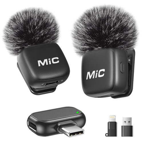 Newmight Wireless Lavalier Microphone for iPhone Android Laptop, Plug and Play Mini Clip on Mic with Noise Reduction, Mute, Reverb, USB-C Receiver, Lightning & USB-A Adapters