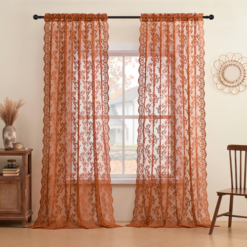 Rust Terracotta Lace Curtains 96 Inches Long 2 Panels Country Lace Sheer Curtains for Living Room Bedroom Rod Pocket Light Filtering Vintage French Drapes Pumpkin Fall Autumn Window Decor, 52x96