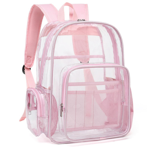 Mimfutu Heavy Duty Clear Backpack School Backpack, PVC Transparent Backpacks See Through Bookbag for Girls Boys Women Men (Light Pink)