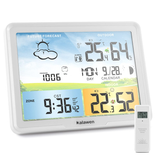 Kalawen Weather Station Wireless Indoor Outdoor Home Weather Stations with Atomic Clock, Digital Weather Thermometer, Temperature Humidity Monitor Weather Forecast Stations with Moon Phase