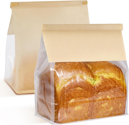 50 PCS Bakery Bags with Window - 9x4.3x11 Inch Large Bread Bags for Homemade & Sourdough Bread, Brown Paper Bread Bag with Tin Tie Tab Lock, Breads Storage for Homemade Bread Storage & Bake Sale