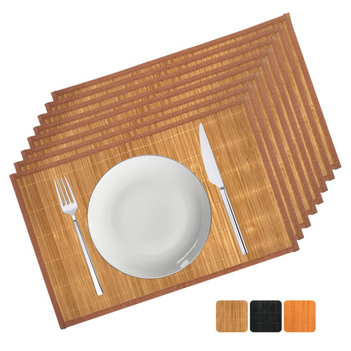 ANDSTAR Bamboo Placemats Set of 8, 17.7x11.8 Inch with Brown Fabric Border - Non-Slip & Heat Resistant, Stain-Resistant Japanese Style Table Mats for Dining Room, Kitchen Decor（Coffee）