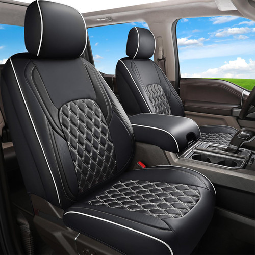Huidasource F150 Front & Back Leather Seat Covers Accessories Fit for 2015-2026 F150 SuperCrew & 2017-2026 F250 F350 F450 Super Duty Crew Cab XL XLT Lariat King Ranch Platinum(Full Set/Black&White)