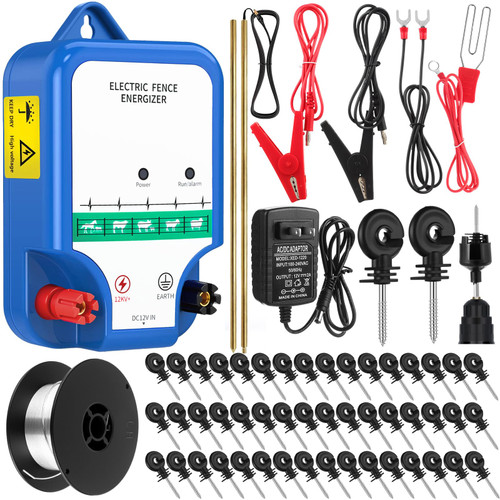 MorningRo Electric Fence Kit, 8 Mile 12kV 2J Electric Fence Charger AC/DC Powered with 50 Insulators, Socket Tool, 250ft Aluminum Wire for Livestock Control(Classic Ver.,Blue)