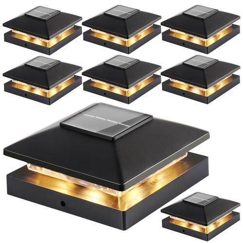 Solar Post Cap Lights Outdoor 8pack, Black Waterproof Solar Powered Deck Fence Post Lights Fit 4x4 Wood/Vinyl Posts, Bright Warm White Solar Post Lights Decorate Deck, Patio, Porch, Fence