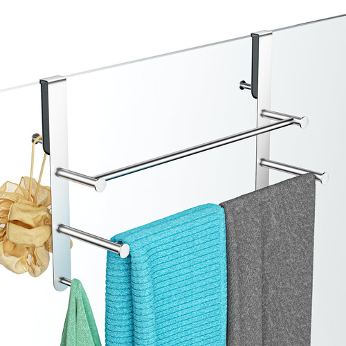 Frameless Glass Door Shower Towel Rack, Double Bar, 8 Hooks, Silver Steel