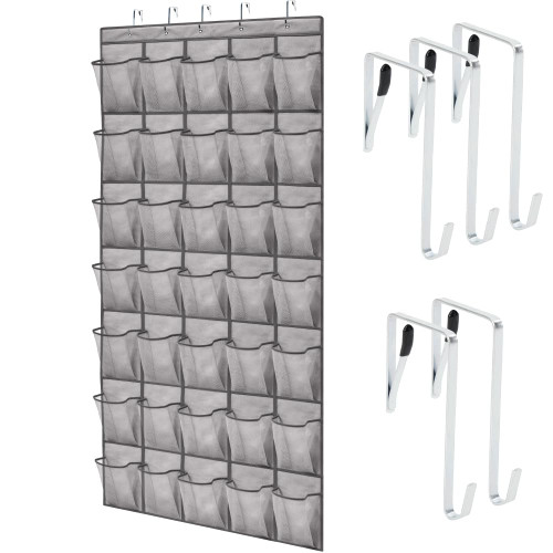 GORILLA GRIP Over the Door Shoe Organizer, 35 Large Breathable Mesh Pockets, Space Saving Hanging Storage Holder, 5 Hook Closet Rack Hanger, Hangs on Closets for Shoes, Accessories 68.5H x 24.5W Grey