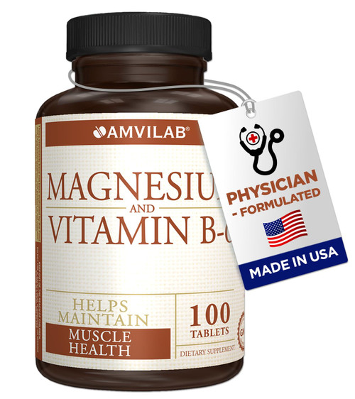 Amvilab Magnesium and Vitamin B6 - Helps Maintain Muscle Health - Supports Brain Health & Nerve Function - Helps Daily Vitality & Sleep Quality - Recovery Boost - Dietary Supplement - 100 Tablets