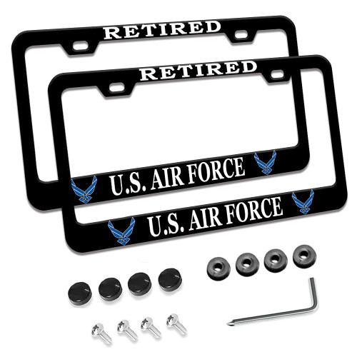 2 Pcs License Plate Frame for Retired US Air Force Black Matte Aluminum USAF Car Plate Cover Holders with Screw Caps