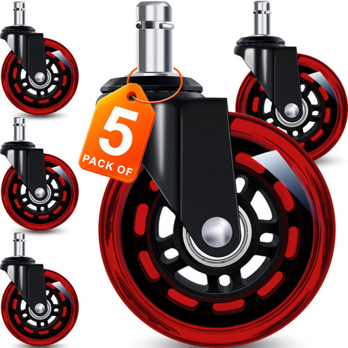 FreekyFit Office Chair Wheels for Casters Replacement - 3" Rubber Wheels for Computer Gaming Desk Caster Smooth & Safe Rolling for All Floors Including Hardwood and Carpet - Set of 5 - Red