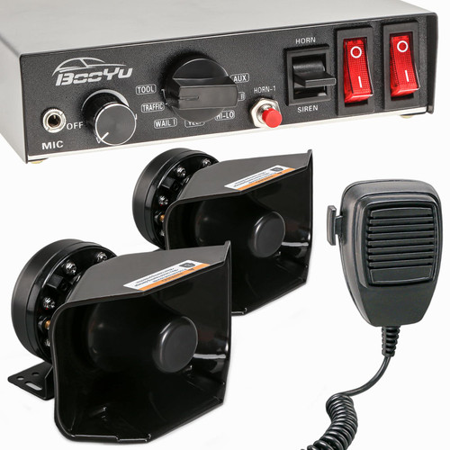 BooYu 9 Tone 12V 400W Warning Emergency Siren PA System for Tow Trucks, Construction Vehicles Car SUV [180° Loud Speaker][Handheld Microphone][125-135dB][2 x 10A Switches]