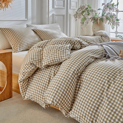 DuShow Grid King Duvet Cover Set - Tan Gingham Washed Microfiber Comforter Cover Set, 3 Pieces Plaid Checkered Soft Reversible Bedding Set(Tan,King)