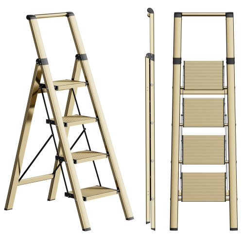 SOLADDER 4 Step Ladder, Lightweight Folding Step Stool, Brown Gold