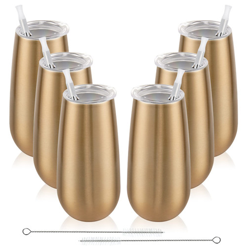 6 Pack Stemless Champagne Tumbler 6 Oz, Unbreakable Cocktail Cups with Lid, Flutes for Wine - Gift for Family, Friends or Special Occasions (Gold)