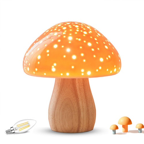 BOHON Mushroom Lamp Ceramic Bedside Table Lamp for Bedroom Orange