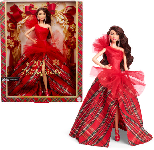 Barbie Signature 2024 Holiday Dolls, Seasonal Collector Gift, Plaid Gown with Red Bow, Displayable Packaging, Dark Brown Hair Barbie Signature 2024 Holiday Dolls, Seasonal Collector Gift, Plaid Gown with Red Bow, Displayable Packaging, Dark Brown Hair