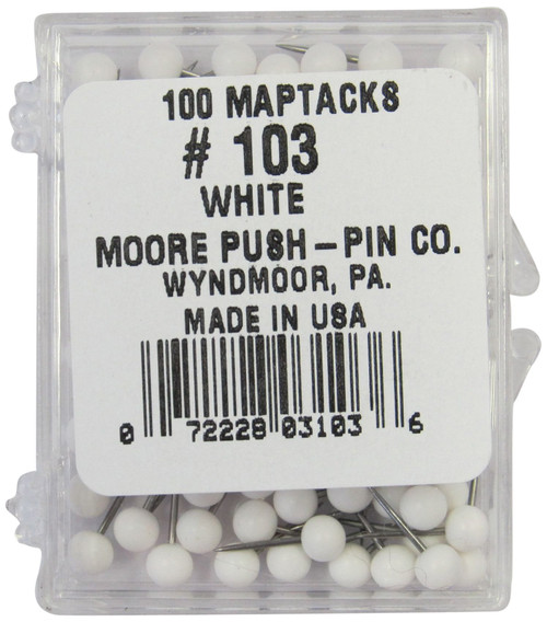 Moore Push-Pin Map Tacks, White, 100 Tacks