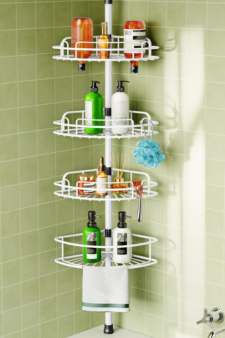HAMITOR Rustproof Bathtub Corner Shelf, 4-Tier Shower Caddy Tension Pole