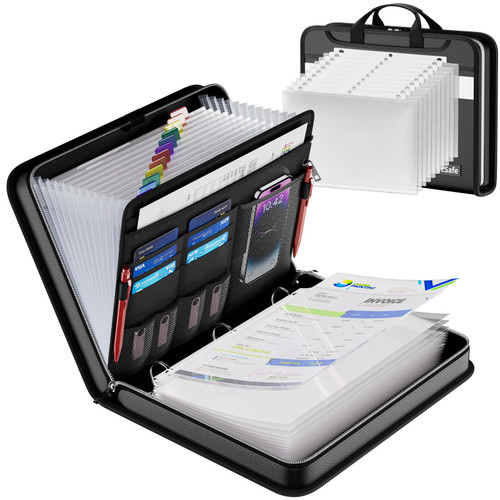 DocSafe File Organizer Zipper Binder with 30 Sheet Protector,Fireproof Accordion 12-Tab Expanding File Folder with Multiple Pockets,Home School Office Safe Storage for Documents,1.5-Inch O-Ring,Black