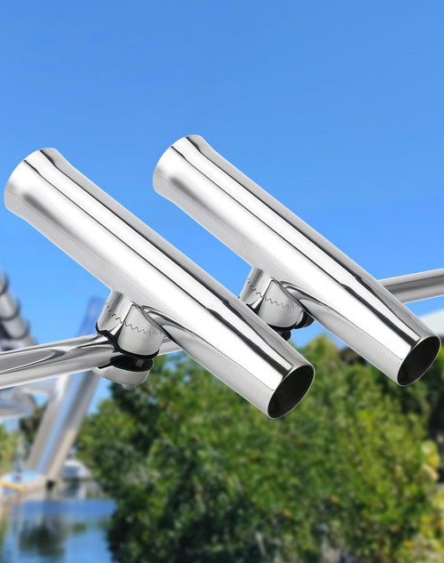 Mojiate 2PCS Boat Fishing Rod Holders, 316 Stainless Steel Rail Mount Rod Holders for Fishing Boat/Kayak, 360° Adjustable Clamp-On Design Fits 7/8" to 1" Rails, Rust-Resistant with Rubber Insert