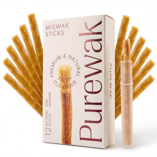 PUREWAK Miswak Sticks, 100% Natural Miswak, Traditional Tooth Cleaning Sticks - 3 Months Supply, 1 Pack, 12 Miswak Sticks with Holder.