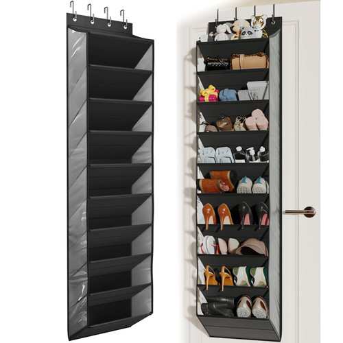 Mefirt 20-25 Pairs Over the Door Shoe Organizer, Clear Pockets Shoe Rack for Closet Door, 10-Tier Hanging Shoe Rack for Boots, Behind the Door Shoe Holder Fit All the Family's Sneakers, Heels, Black