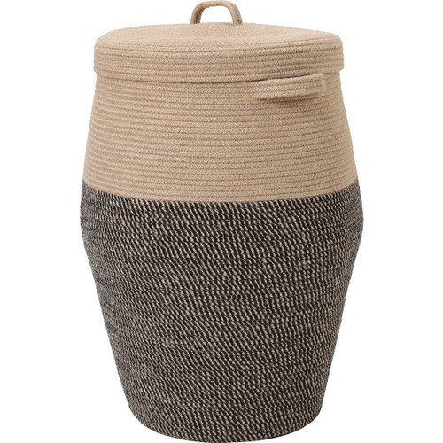 26"x20" Extra Large Tall Woven Laundry Basket with Lid, Cotton Rope Blanket Storage Basket, Freestanding Decorative Bin for Bedroom Living Room, Jute & Black Mix