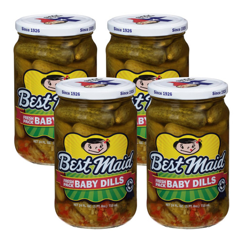 Best Maid Products - 24 Ounce Glass Jars Baby - Dill, Kosher, Hamburger Slices, Garlic Bites, Habanero Chips, & Xtreme Hot Pickles (4 Pack, Baby Dill)