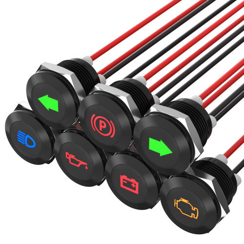 RVMARINEPAT 12V LED Indicator Light Small Indicator Light Waterproof 1/2" Panel Cutout 12 Volt 24 Volt Metal LED Indicator Pilot Dash Light with 300MM Wires -7PCS Black