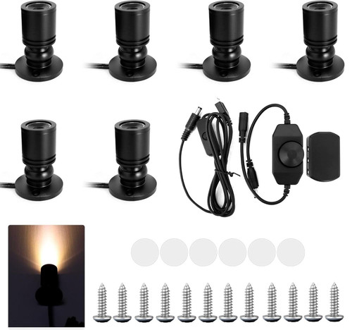 YUQIPEILEI USB-Powered Dimmable Mini Jewelry Display Lights, 6-Pack 1W Adjustable Mini Spotlights, Warm White Spotlight, Led Spotlight for Counter Cabinet Showcase with Brightness Control Switch
