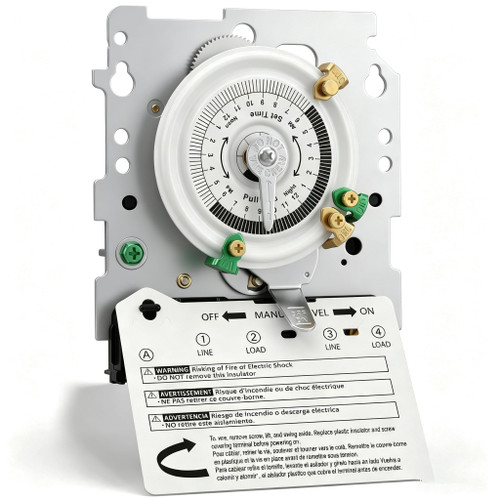 New T104M Mechanical Timer Switch (Mechanism Only), 24-Hour Heavy-Duty Timer Switch for Pool Pumps, 208V-277V 40A DPST, with High-Contrast White Dial, 4 Pairs of Trippers Included