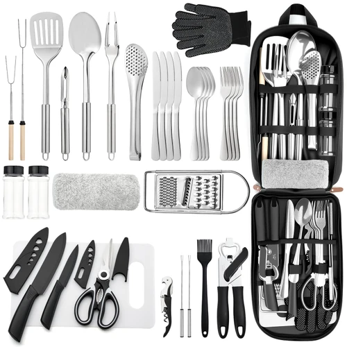 THTYBROS Portable Camping Kitchen Utensil 34 Pcs Set- Cookware Kit, Stainless Steel Outdoor Cooking and Grilling Utensil Organizer Travel Set Perfect for Travel, Picnics, RVs, Camping, BBQs, Parties