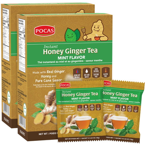 Pocas Honey Ginger Instant Tea Powder, Mint Flavor 2-Pack, Ginger Extract & Real Honey, Caffeine-Free Tea, 20 Packets per Box