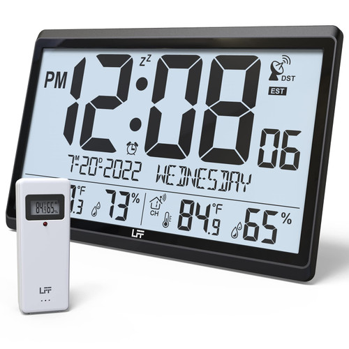 LFF Atomic Clock/Never Needs Setting, Battery Operated, Atomic Wall Clock with Indoor/Outdoor Temperature & Humidity, Wireless Outdoor Sensor, 15" Digital Wall Clock with 4.5" Numbers Easy-to-Read