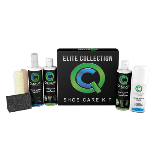 QuickCare Elite Collection - 8 oz Shoe Cleaner & Conditioner, Water & Stain Protection, 2.5 oz Quick Touch White, Brush & Sponge - Complete Shoe Cleaning Set for Sneakers, Leather, and More