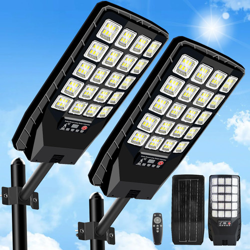 JWT 2 Pack Solar Street Lights Outdoor Waterproof - Solar Powered Flood Light with Motion Sensor & Remote Control 6500K 20000LM,Dusk to Dawn Commercial Solar Lights Outdoor for Parking Lot