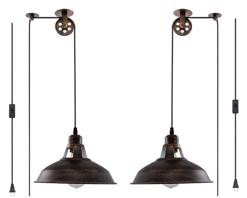 Plug in Pendant Light Industrial Pulley Pendant Lamp E26 Vintage Hanging Light Fixture With 16.4ft Cord On/Off Switch For Pool Table,Houseplant Grow lights,Kitchen Island,Sink 2 Pack Aged Bronze