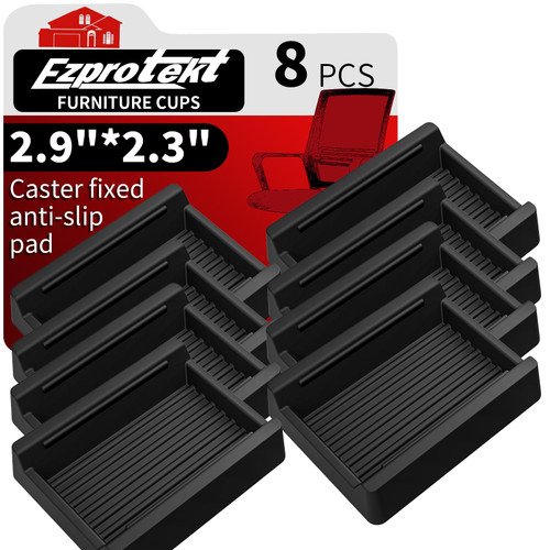 Ezprotekt Rectangle Rubber Caster Cups, 8 Pcs Non Slip Furniture Pads, 2.9" x 2.3" Anti-Slip Furniture Gripper, Furniture Stoppers to Prevent Sliding, Wheel Stoppers for Rolling Furniture (Black)